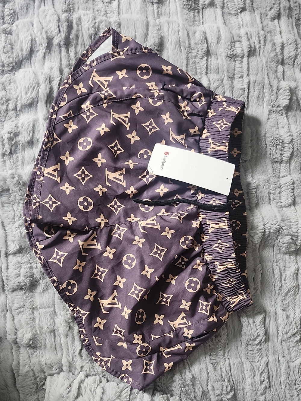 Monogram Print Satin Shorts in Purple and Beige